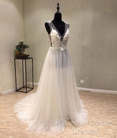 White A-Line Tulle Lace Long Semi Formal Prom Dress, White Wedding Dress